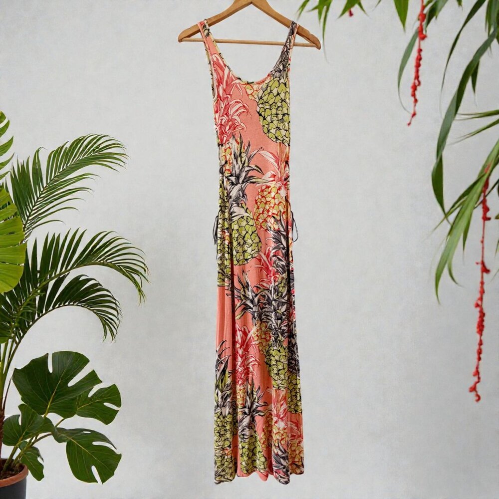 Guess | Ribbed Maxi Dress in Pineapple Print With Leather Side Laces | XS - Picture 2 of 8